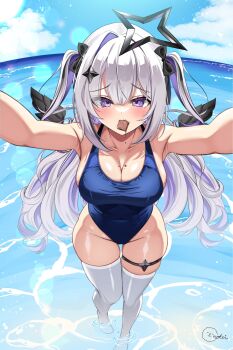 Rule 34 | 1girl, alternate costume, amane konata, angel, angel wings, barefoot, blue one-piece swimsuit, breasts, cleavage, closed mouth, grey hair, halo, highres, hololive, inokeiwd, large breasts, long hair, looking at viewer, multicolored hair, one-piece swimsuit, purple eyes, purple hair, smile, solo, star halo, swimsuit, thigh strap, thighhighs, two-tone hair, virtual youtuber, wading, water, white thighhighs, wings