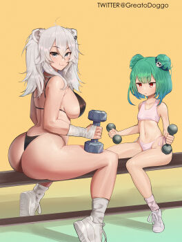 2girls :3 animal_ears ass bandaged_arm bandages bench bikini black_bikini blue_hair bra breasts dumbbell ear_piercing exercising fang fang_out gradient_hair greatodoggo green_hair grey_eyes grey_hair hair_between_eyes highleg highleg_bikini highleg_panties highres hololive large_breasts lion_ears lion_girl loli long_hair looking_at_another looking_at_viewer looking_back micro_bikini multicolored_hair multiple_girls navel panties piercing pink_bra pink_panties red_eyes shishiro_botan shoe_soles shoes short_hair side-tie_bikini_bottom sideboob sitting skindentation sneakers sports_bra stomach string_bikini swimsuit tiptoes twitter_username two_side_up underwear uruha_rushia virtual_youtuber weights white_footwear yellow_background