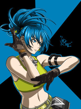 1girl blue_eyes blue_hair breasts caotime earrings female_focus gloves jewelry jonathanhungcao large_breasts leona_heidern long_hair military pale_skin pants ponytail tank_top the_king_of_fighters