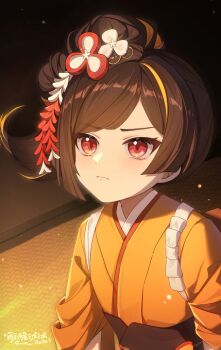 Rule 34 | 1girl, aged down, brown hair, chinese commentary, chiori (genshin impact), closed mouth, commentary request, genshin impact, hair ornament, hair ornament request, highres, indoors, japanese clothes, kimono, multicolored hair, obi, official alternate costume, orange hair, orange kimono, red eyes, sash, side ponytail, sidelocks, solo, streaked hair, sucui qiuqiu, tasuki, two-tone hair, upper body