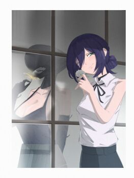 1girl apron black_choker black_ribbon blue_hair bomb_devil_(chainsaw_man) breasts chainsaw_man choker cleavage closed_mouth collared_shirt different_reflection dynamite explosive flower green_eyes grey_apron hair_between_eyes hair_bun highres holding holding_flower large_breasts neck_ribbon object_head reflection reze_(chainsaw_man) ribbon shirt shirt_tucked_in sleeveless sleeveless_shirt smile swiz667 white_flower window
