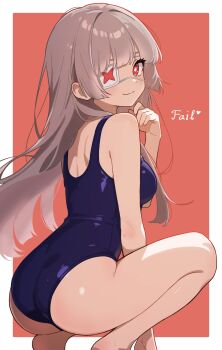 1girl absurdres ass bare_arms bare_legs bare_shoulders blue_one-piece_swimsuit border breasts bright_pupils brown_hair character_name closed_mouth commentary competition_school_swimsuit djmax djmax_respect doro_(doroluvkuma) eyepatch fail_(djmax) floating_hair from_side hand_up heart highres long_hair looking_at_viewer medium_breasts one-piece_swimsuit one_eye_covered orange_background outside_border red_eyes school_swimsuit smile solo squatting swimsuit very_long_hair white_border white_pupils