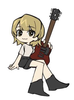 Rule 34 | 1girl, :3, black shorts, blonde hair, brown eyes, chibi, commentary, electric guitar, guitar, hashtag-only commentary, highres, instrument, mole, mole above mouth, real life, sasaki rico (voice actor), short hair, shorts, simple background, solo, voice actor, white background, xinyi6239222644