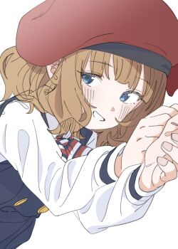 Rule 34 | 1girl, absurdres, blue dress, blue eyes, blush, bow, bowtie, brown hair, buttons, commentary request, dot nose, dress, dutch angle, elementary schoolmate (idolmaster), grin, hat, highres, idolmaster, idolmaster million live!, idolmaster million live! theater days, long sleeves, looking at viewer, lying, medium hair, meeeeeeco359, official alternate costume, red hat, school uniform, shirt, sidelocks, smile, solo, striped bow, striped bowtie, striped clothes, suou momoko, wavy hair, white background, white shirt