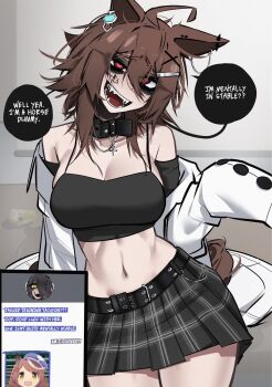 Rule 34 | 1girl, ace glitch, agnes tachyon (umamusume), ahoge, alternate costume, animal ear piercing, animal ears, bare shoulders, belt, belt buckle, black belt, black collar, black skirt, breasts, brown hair, buckle, cleavage, coat, coat partially removed, collar, commentary, cowboy shot, crop top, double-parted bangs, english commentary, english text, goth fashion, hair between eyes, hair ornament, hairclip, highres, horse ears, horse girl, horse tail, large breasts, long sleeves, looking at viewer, mambo (meme), manhattan cafe (umamusume), matikanetannhauser (umamusume), medium hair, meme, miniskirt, navel, navel piercing, open mouth, pearto, piercing, pleated skirt, pun, red eyes, right-to-left comic, sharp teeth, skirt, sleeves past fingers, sleeves past wrists, smile, solo, spaghetti strap, speech bubble, stomach, tail, talking, teeth, text messaging, umamusume, viewer holding phone, white coat, x hair ornament