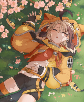 1girl ahoge animal_ears arm_up bike_shorts black_gloves black_shorts blonde_hair brown_hair cherry_blossoms closed_eyes clothing_cutout commentary_request fingerless_gloves flower from_above fuyuu_seibutsu gigi_murin gigi_murin_(1st_costume) gloves grass grem_(gigi_murin) hand_on_own_stomach highres hip_vent hololive hololive_english hood hoodie huge_ahoge jacket lying medium_hair multicolored_hair on_back on_ground open_mouth orange_hood orange_hoodie orange_jacket orange_shrug orange_thighhighs short_twintails shorts shrug_(clothing) sleeping solo striped_clothes striped_thighhighs thighhighs twintails two-tone_hair virtual_youtuber