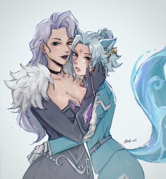 2girls aqua_bodysuit aqua_jacket aqua_pants aqua_suit aqua_tail black_cat_(marvel) bodysuit energy_tail extra_tails felicia_hardy formal_clothes fur-trimmed_bodysuit green_eyes highres jacket kitsune kyuubi marvel marvel_rivals multiple_girls multiple_tails oof_oli pants red_eyes spider-man_(series) suit tail tiger_division white_fox_(marvel) yuri