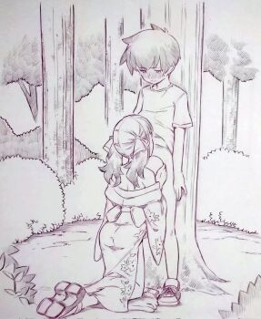 1boy 1girl age_difference breasts copyright_request corrupted_twitter_file fellatio forest from_behind hetero highres implied_fellatio japanese_clothes kimono kneeling monochrome nature onee-shota oral paizuri print_kimono shoes shota standing traditional_media tree tsukareta_san yukata