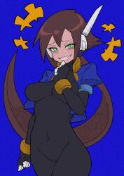 Rule 34 | 1girl, absurdres, aile (mega man zx), black bodysuit, blue background, blue jacket, blush, bodysuit, bodysuit under clothes, breasts, brown hair, buzzlyears, commentary, covered collarbone, covered navel, cropped jacket, faux traditional media, glowing, green eyes, grin, hand to own mouth, highres, jacket, large breasts, long hair, looking at viewer, mega man (series), mega man zx, mega man zx advent, no pants, open clothes, open jacket, ponytail, robot ears, simple background, smile, smug, solo, teeth