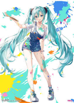 1girl aqua_hair aqua_nails artist_name blue_eyes bracelet collarbone commentary_request copyright_notice denim denim_shorts fujima_takuya full_body hair_between_eyes hair_ornament hair_scrunchie hand_on_own_thigh hatsune_miku holding holding_paintbrush jewelry long_hair looking_at_viewer nail_polish off-shoulder_shirt off_shoulder official_art open_mouth paint_on_body paint_on_clothes paint_splatter paintbrush piapro_studio scrunchie shirt shoes shorts single_strap sneakers solo standing suspender_shorts suspenders teeth twintails upper_teeth_only very_long_hair vocaloid white_shirt