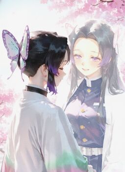 2girls ai-chan_(animelovely930) black_hair black_jacket blush breasts butterfly_hair_ornament demon_slayer_uniform hair_ornament haori jacket japanese_clothes kimetsu_no_yaiba kochou_kanae kochou_shinobu large_breasts long_hair long_sleeves multicolored_hair multiple_girls parted_bangs pink_hair smile tree two-tone_hair white_background