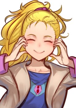 1girl blonde_hair blue_dress chienon closed_eyes closed_mouth collarbone dress final_fantasy final_fantasy_v highres krile_mayer_baldesion_(ff5) long_hair ponytail simple_background smile solo white_background