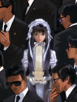 1girl 6+boys bingi black_eyes black_hair black_jacket black_necktie black_suit cigarette closed_mouth collared_shirt dress formal_clothes gloves grey_dress hat highres holding holding_cigarette jacket long_hair looking_at_viewer mob_cap multiple_boys necktie original shirt smoking suit suit_jacket sunglasses white_gloves white_shirt