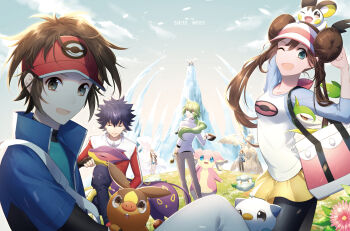 2girls 4boys :d ;d animal animal_on_head audino bag baseball_cap black_hair black_legwear blue_jacket blue_shirt blue_shorts blue_sleeves breasts brown_hair brown_pants chespin closed_eyes copyright_name cottonee double_bun emolga fennekin floating_hair froakie gen_5_pokemon gen_6_pokemon green_eyes green_hair grey_pants hair_between_eyes hair_bun hat highres hilbert_(pokemon) hilda_(pokemon) holding holding_bag holding_unworn_clothes holding_unworn_hat hugh_(pokemon) jacket kyurem legendary_pokemon liepard long_hair long_sleeves looking_at_viewer medium_breasts mikko_(mim_mikko) miniskirt multiple_boys multiple_girls n_(pokemon) nate_(pokemon) nintendo ocean on_head one_eye_closed open_mouth oshawott pants pantyhose poke_ball_print pokemon pokemon_(creature) pokemon_bw pokemon_bw2 pokemon_on_arm pokemon_on_head ponytail print_shirt red_jacket reshiram rosa_(pokemon) servine shirt short_hair short_shorts shorts skirt smile tepig twintails unworn_hat unworn_headwear very_long_hair visor_cap white_pants white_shirt yellow_skirt zekrom