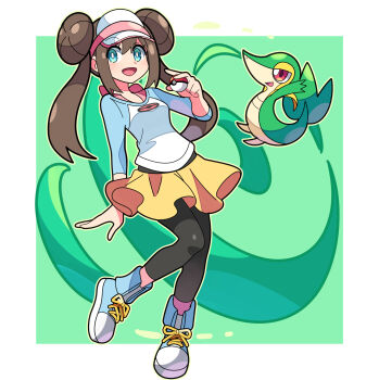 1girl :d black_pantyhose blue_footwear border bow bright_pupils brown_hair commentary_request donut_hair_bun double_bun eyelashes gen_5_pokemon green_background green_eyes hair_bun hand_up highres holding holding_poke_ball long_hair nintendo open_mouth outline pantyhose pantyhose_under_shorts pink_bow poke_ball poke_ball_(basic) pokemon pokemon_(creature) pokemon_bw2 raglan_sleeves rosa_(pokemon) shirt shoes short_shorts shorts smile sneakers snivy stchame twintails visor_cap white_border white_pupils yellow_shorts