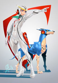 1boy arm_at_side artist_name black_trim blue_eyes bodysuit casshern casshern_(series) casshern_sins colored_shadow commentary_request covered_abs covered_armpit covered_erect_nipples covered_navel covered_pectorals covered_penis covered_ribs covered_testicles emblem flaccid friender full_body glint gradient_background grey_background grey_helmet gun handgun helmet high_collar high_heel_bodysuit high_heels highres invisible_floor lips looking_ahead male_focus non-humanoid_robot nose open_mouth outstretched_arm pectorals po-ju pointing pointing_forward profile robot robot_animal robot_dog shadow shiny_clothes shiny_skin signature skin_tight solo standing thighs toned toned_male trap turning_head two-sided_bodysuit variant_set weapon white_bodysuit