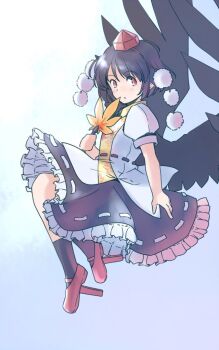 1girl black_hair black_skirt black_socks black_wings blue_background commentary_request from_side full_body geta hat hauchiwa leaf_print light_blush looking_to_the_side maple_leaf_print one-hour_drawing_challenge parted_lips petticoat pointy_ears pom_pom_(clothes) puffy_short_sleeves puffy_sleeves rangycrow red_eyes red_shoes shameimaru_aya shirt shoes short_hair short_sleeves sideways_glance skirt socks solo tengu-geta tokin_hat touhou white_shirt wings