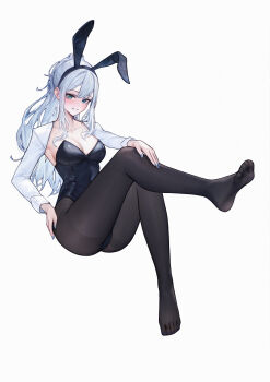 1girl absurdres animal_ear_hairband animal_ears black_leotard black_pantyhose blue_eyes blush breasts cleavage collarbone commentary english_commentary fake_animal_ears fingernails full_body grey_background grey_hair grey_nails hairband highres large_breasts leotard long_hair looking_at_viewer nail_polish no_shoes original pantyhose parted_lips rabbit_ear_hairband rabbit_ears shrug_(clothing) sidelocks simple_background smile solo strapless strapless_leotard white_shrug yuhou_rainbow