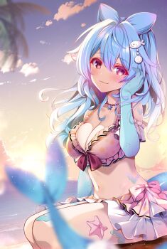 1girl beach bikini blue_hair breasts cleavage closed_mouth cloud dusk fins fish_tail highres indie_virtual_youtuber jewelry lazuli_(vtuber) navel necklace ocean origami_aya palm_leaf pink_bikini red_eyes scales seal_hair_ornament sitting skirt sky solo star_(symbol) star_necklace starfish swimsuit tail virtual_youtuber white_skirt