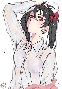 1girl black_hair blush bow bra_visible_through_clothes closed_mouth collared_shirt commentary_request dress_shirt hair_between_eyes hair_bow hand_in_own_hair highres love_live! love_live!_school_idol_project partial_commentary red_bow red_eyes see-through_clothes see-through_shirt shirt signature simple_background solo surfacedxxc twintails upper_body wet wet_clothes wet_shirt white_background yazawa_nico