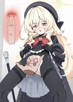 1boy 1girl bar_censor beret black_gloves black_hat black_jacket black_pantyhose black_sailor_collar black_shirt black_skirt blonde_hair blue_archive blush bow bowlegged_pose censored clothes_lift commentary cross-section disembodied_hand donutman embarrassed feet_out_of_frame fingering fingernails frilled_skirt frills furrowed_brow gloves green_eyes hair_between_eyes half-closed_eyes halo hat hetero highres jacket large_bow lifting_own_clothes loli long_hair long_sleeves looking_down open_mouth paid_reward_available pantyhose petite professor_niyaniya_(blue_archive) pussy red_bow sailor_collar sailor_shirt shirt skirt skirt_lift spread_legs sweat teeth thighband_pantyhose thighs torn_clothes torn_pantyhose uterus vaginal variant_set very_long_hair wavy_hair yellow_halo