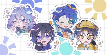 Rule 34 | 10 io, 4boys, :3, :d, animal hands, antenna hair, astel leda, black gloves, black hair, blonde hair, blonde streaks, blue hair, blue jacket, blue streaks, blush, bow, braid, chibi, chibi only, coat, collared shirt, commentary, cross tie, detective, earrings, english commentary, fangs, gloves, green eyes, grid background, hat, hat bow, hitodama, holding, holding magnifying glass, holostars, jacket, jewelry, kanade izuru, lapels, long hair, magnifying glass, male focus, minase rio, multicolored hair, multiple boys, musical note, notched lapels, one eye closed, open mouth, orange bow, outstretched hand, paw gloves, paw print, portrait, puppet, purple eyes, purple hair, shirt, short hair, smile, sparkle, sparkling eyes, star (symbol), streaked hair, sun, trench coat, virtual youtuber, white background, white gloves, yatogami fuma, yellow cross tie, yellow eyes