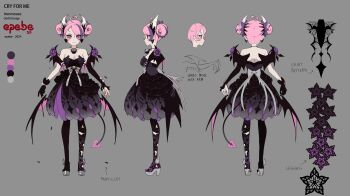 Rule 34 | 1girl, absurdres, black dress, black gloves, black thighhighs, breasts, cleavage, closed mouth, commentary, demon girl, demon horns, demon tail, demon wings, double bun, dress, earrings, english commentary, epebe, fang, gloves, hair bun, heart, heart earrings, highres, horns, ironmouse, jewelry, looking at viewer, medium breasts, medium hair, official alternate costume, official art, pink hair, purple eyes, purple streaks, shoes, single glove, skin fang, smile, solo, tail, thighhighs, virtual youtuber, vshojo, white shoes, wings