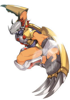 9-san absurdres armor claws digimon digimon_(creature) digimon_adventure green_eyes helmet highres muscular orange_scales red_hair reptile solo wargreymon white_background yellow_armor