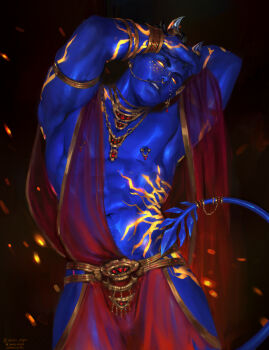 1boy absurdres annas_anya armpits arms_up artist_name black_background blue_skin bluesky_logo bluesky_username brown_hair colored_skin commentary commission covered_penis cowboy_shot english_commentary gem highres jewelry legs male_focus muscular muscular_male navel necklace nipple_indents nipple_piercing nipples original pectorals penis piercing red_gem short_hair simple_background solo stomach tail thighs twitter_username