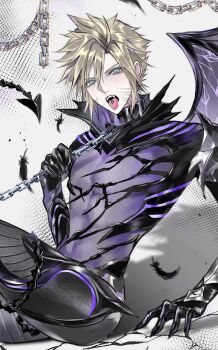 1boy 3_3lecho absurdres aqua_eyes bat_wings black_bodysuit black_wings blonde_hair bodysuit chain chain_leash claws cloud_strife cloud_strife_(bahamut_garb) collar commentary facial_mark falling_feathers fangs feathers final_fantasy final_fantasy_vii final_fantasy_vii:_ever_crisis highres holding holding_chain implied_yaoi leash male_focus official_alternate_costume piercing see-through_bodysuit see-through_clothes shadow short_hair solo spiked_hair symbol-only_commentary tongue tongue_out tongue_piercing upper_body wings