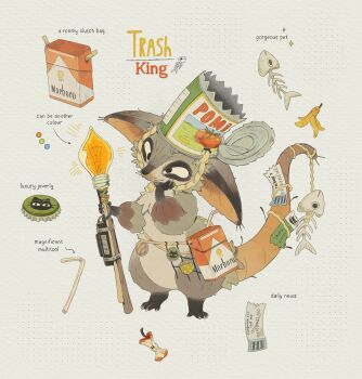 apple apple_core banana_peel bottle_cap cigarette_pack claws commentary creature drinking_straw english_commentary english_text fish_skeleton food fruit full_body furry highres light_bulb open_can opossum original sorochii string tail trash very_long_tail