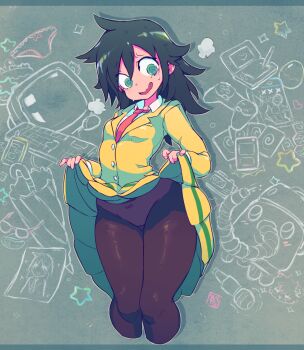 1girl @_@ artist_name black_pantyhose blazer bow bow_panties breasts breath cameltoe card cellphone chalkboard clothes_lift commentary controller cropped_legs curvy egg english_commentary unworn_eyewear game_controller gluteal_fold green_background green_eyes green_hair handheld_game_console hands_up happy hitachi_magic_wand jacket computer_keyboard kuroki_tomoko lifting_own_clothes long_hair long_sleeves looking_down mask messy_hair miniskirt computer_mouse mouth_mask musical_note necktie nervous nintendo_ds open_mouth painting_(object) panties panties_under_pantyhose pantyhose paper phone photo_(object) pleated_skirt red_necktie revision school_uniform sex_toy shirt signature skirt skirt_lift small_breasts smile solo standing star_(symbol) starmilk sunglasses sunglasses_removed surgical_mask sweat tape_recorder umbrella underwear vacuum_cleaner vibrator watashi_ga_motenai_no_wa_dou_kangaetemo_omaera_ga_warui! wavy_mouth white_shirt wide_hips yellow_jacket yellow_skirt yu-gi-oh!