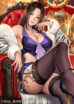 1girl animal_print armpits bare_shoulders black_thighhighs blue_skirt breasts brown_hair carousel chair cleavage commentary_request female_focus fingernails fur_trim garter_belt garter_straps high_heels hostess jewelry key lace lace-trimmed_legwear lace_trim large_breasts lips looking_at_viewer medium_hair midriff miniskirt nail_polish necklace off_shoulder official_art parted_bangs parted_lips re:shimashima ryuu_ga_gotoku_(series) sitting skirt sleeveless smile solo sparkle thighhighs thighs yellow_eyes