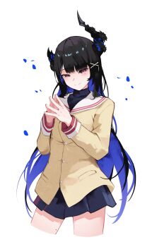 Rule 34 | 1girl, absurdres, alternate costume, asymmetrical horns, black hair, black shirt, blue hair, blunt bangs, brown jacket, clannad, closed mouth, colored inner hair, cowboy shot, demon horns, flower, hair ornament, hairclip, highres, hikarizaka private high school uniform, hololive, hololive english, horn flower, horns, jacket, long hair, looking at viewer, miniskirt, mole, mole under eye, multicolored hair, namiorii, nerissa ravencroft, plaid clothes, plaid skirt, purple eyes, sailor collar, school uniform, shirt, sidelocks, simple background, skirt, sleeve cuffs, smile, solo, steepled fingers, straight hair, undershirt, uneven horns, very long hair, virtual youtuber, white background, white sailor collar, x hair ornament