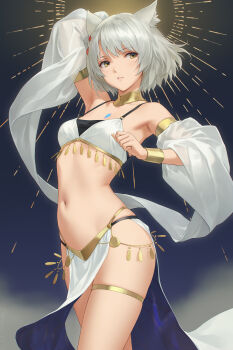1girl alternate_costume animal_ears armpits bracer cat_ears chest_jewel dancer dancing gold_bracer gold_thighlet grey_hair highres jewelry mio_(xenoblade) miura-n315 navel parted_lips pelvic_curtain shawl solo stomach thighlet xenoblade_chronicles_(series) xenoblade_chronicles_3