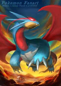 alpha_pokemon claws closed_mouth dragon eye_trail fangs flying gen_3_pokemon glowing glowing_eyes light_trail nanami_lusia nintendo no_humans open_mouth outdoors pokemon pokemon_(creature) pokemon_focus red_eyes red_wings salamence sky trapinch wings