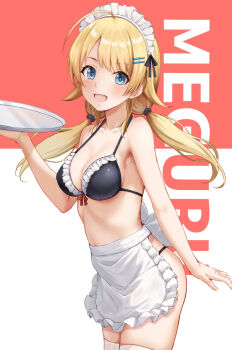 1girl ahoge apron bikini black_bikini blonde_hair blue_eyes blush breasts ca_paria character_name collarbone commentary_request frilled_apron frilled_bikini frills hachimiya_meguru idolmaster idolmaster_cinderella_girls long_hair looking_at_viewer maid_apron maid_headdress medium_breasts smile solo swimsuit text_background thighhighs tray twintails waist_apron white_thighhighs