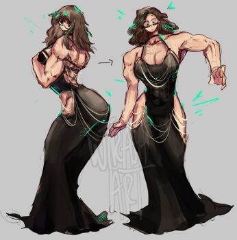1girl alternate_costume arms_up artist_name backless_dress backless_outfit black_dress breasts brown_hair cleavage curly_hair dress female_focus large_breasts leaning_forward looking_at_viewer modakawa_dress multiple_views muscular muscular_female original semi-rimless_eyewear sideboob simple_background source_request standing surprised thick_thighs thighs watermark wide-eyed wtrashart
