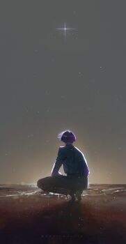 1boy absurdres beach black_shirt bob_cut clear_sky from_behind full_body highres kim_dokja male_focus night omniscient_reader&#039;s_viewpoint purple_hair roellm shirt shirt_tucked_in shore short_hair sky solo sparkle squatting star_(sky) star_(symbol) starry_sky