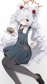 1girl absurdres black_pantyhose black_shoes blue_archive blush brown_eyes brown_halo brown_ribbon buttoned_cuffs buttons chinese_commentary closed_mouth collared_shirt commentary diagonal-striped_ribbon double-breasted dress eyes_visible_through_hair flask foot_out_of_frame gradient_background grey_dress grey_hair hair_ornament hair_over_one_eye halo highres holding holding_flask holding_ladle kanoe_(blue_archive) knees_together_feet_apart ladle loafers long_hair long_sleeves looking_at_viewer neck_ribbon pantyhose pinafore_dress puffy_long_sleeves puffy_sleeves ribbon round-bottom_flask scar scar_on_neck shadow shirt shoes sitting sleeveless sleeveless_dress smile solo striped_ribbon teketi two_side_up very_long_hair white_background white_shirt