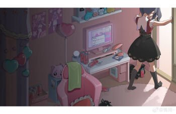 1girl absurdres ame-chan_(needy_girl_overdose) ashtray balloon black_hair black_skirt black_socks can carpet chair chinese_commentary cigarette collared_shirt commentary_request computer desk drink_can energy_drink facing_away gaming_chair heart_balloon highres indoors kneehighs lamp letterboxed long_hair monitor monster_energy needy_girl_overdose no_shoes opening_door play_button poster_(object) red_shirt shelf shirt skirt socks soda_can solo standing stuffed_animal stuffed_cat stuffed_toy suspender_skirt suspenders swivel_chair twintails window_(computing) xiaotong