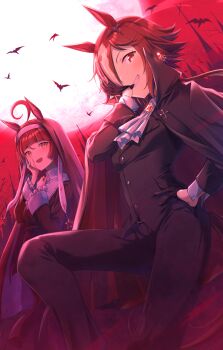 2girls adjusting_clothes adjusting_gloves ahoge animal_ears ascot bat_(animal) black_cape black_dress black_gloves black_hair black_jacket black_pants black_veil blazer blood cape collared_cape dress full_moon gloves grin hair_over_one_eye half_gloves halloween_costume hand_on_own_hip highres horse_ears horse_girl horse_tail jacket moon mouth_hold multiple_girls murasaki_himuro nosebleed nun open_mouth pants red_desire_(umamusume) red_eyes red_hair red_sky sky smile tail umamusume veil vodka_(umamusume) white_ascot white_hair