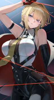 1girl absurdres arm_strap armpit_crease black_pants blonde_hair breasts commentary elbow_gloves evelyn_chevalier gloves hair_up hana_hebi high-waist_pants highres jacket jacket_on_shoulders large_breasts light_particles looking_at_viewer necktie pants parted_lips purple_eyes red_gloves shirt single_elbow_glove sleeveless sleeveless_shirt solo thread upper_body white_shirt yellow_necktie zenless_zone_zero