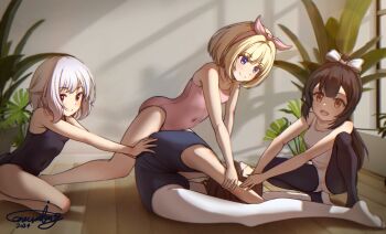 2024 4girls :d absurdres assisted_stretching black_hair black_leotard blonde_hair blue_eyes bow bow_hairband breasts brown_eyes brown_hair closed_mouth collarbone commentary_request contortion contortiong covered_navel fern flat_chest flexible hair_bow hair_flaps hairband highres indoors leotard looking_at_another multiple_girls no_shoes on_floor open_mouth original outstretched_arms pantyhose pink_hairband pink_leotard plant potted_plant seiza short_hair signature sitting small_breasts smile squatting white_bow white_hair white_leotard white_pantyhose window window_shadow wooden_floor