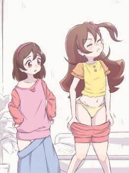 2girls ^_^ absurdres blue_skirt blush brown_hair closed_eyes clothes_pull commentary_request crop_top cropped_shirt feet_out_of_frame groin hair_ornament hair_scrunchie hairband hands_on_own_hips highres indoors kimi_to_idol_precure loli long_hair looking_at_another looking_to_the_side medium_hair midriff miyao385 motion_lines multiple_girls navel off-shoulder_sweater off_shoulder one_side_up open_mouth orange_sleeves panties pink_hairband pink_panties pink_scrunchie pink_shorts pink_sweater pout precure pulling_own_clothes red_eyes sakura_hamori sakura_uta_(precure) scrunchie shirt short_sleeves shorts shorts_pull single_bang single_bare_shoulder single_off_shoulder skirt skirt_pull small_sweatdrop sweater underwear undressing yellow_panties yellow_shirt