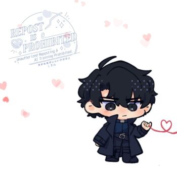 1boy belt black_coat black_eyes black_hair black_shirt coat commentary double-parted_bangs full_body hair_between_eyes heart kimidori_22 male_focus omniscient_reader&#039;s_viewpoint open_clothes open_coat out_of_frame shirt short_hair solo standing string string_of_fate symbol-only_commentary thumbnail_surprise yoo_joonghyuk