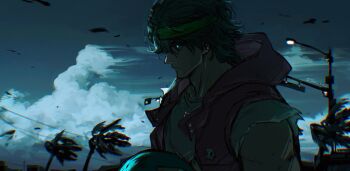 Rule 34 | 1boy, adam's apple, biker (hotline miami), blue eyes, closed mouth, commentary, crew neck, earrings, english commentary, from side, frown, green headband, headband, helmet, highres, holding, holding unworn helmet, hood, hood down, hooded jacket, hotline miami, jacket, jewelry, lamppost, male focus, motorcycle helmet, necklace, open clothes, open jacket, outdoors, palm tree, piercing, profile, shirt, short sleeves, sleeveless, sleeveless jacket, solo, tatsu (tatsumccree), tree, unworn headwear, unworn helmet, white shirt, wind