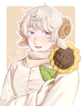 1boy animal_ears axis_powers_hetalia blush border brown_scarf buttons commentary_request flower grey_hair hair_between_eyes harutoro_39487 highres holding holding_flower horns kemonomimi_mode leaf long_sleeves looking_at_viewer male_focus open_mouth orange_background outside_border purple_eyes russia_(hetalia) scarf sheep_ears sheep_horns shirt short_hair simple_background smile solo sunflower teeth upper_body white_border white_shirt wide_sleeves yellow_flower