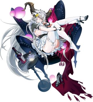 1girl alcohol alternate_costume apron armchair ass black_dress black_horns black_shoes blush bottle bowl breasts chair come_hither cup curved_horns dragon_girl dragon_horns dress drinking_glass enmaided floating_hair flower frilled_apron frilled_dress frills full_body game_cg garter_straps glowing glowing_object gluteal_fold grey_hair hair_between_eyes hair_flower hair_ornament hair_ribbon hand_over_face high_heels highres holding holding_cup holding_own_leg horns ice ice_cube isolde_(langrisser) knees_up langrisser langrisser_mobile large_breasts legs_up long_hair looking_at_viewer maid maid_apron maid_headdress nail_polish official_alternate_costume official_art on_chair orb panties pantyshot parted_lips pointy_ears red_nails red_shawl red_wine ribbon second-party_source shawl shiny_skin shoes short_dress short_sleeves sideboob simple_background single_shoe sitting_sideways slit_pupils solo table tachi-e tassel thighhighs transparent_background unconventional_maid underbutt underwear unworn_shoes very_long_hair waist_apron white_apron white_garter_straps white_panties white_ribbon white_thighhighs wine wine_bottle wine_glass wrist_cuffs yellow_eyes yellow_flower zettai_ryouiki