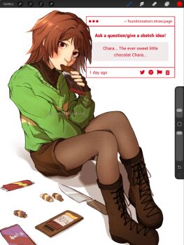 1other art_program_in_frame between_legs black_gloves black_shirt boots brown_boots brown_hair brown_pantyhose brown_shorts candy cardigan chara_(undertale) chocolate commentary eating english_commentary english_text fingerless_gloves food foundonsaturn full_body gloves green_cardigan hair_intakes hand_between_legs highres holding holding_chocolate holding_food kitchen_knife knees_up knife lace-up_boots long_sleeves looking_at_viewer medium_hair other_focus pantyhose red_eyes request_inset shirt shorts simple_background sitting solo strawpage striped_cardigan twitter_username undertale utdr_(toby_fox) white_background